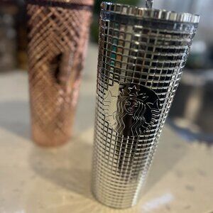 Starbucks 2023 Holiday Silver Chrome Grid Tumbler 24oz Venti Size